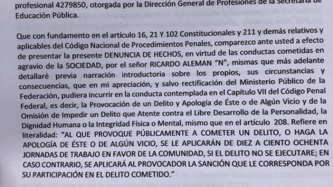 Abogado denuncia ante la PGR al periodista Ricardo Alemán por 'hacer apología del delito”