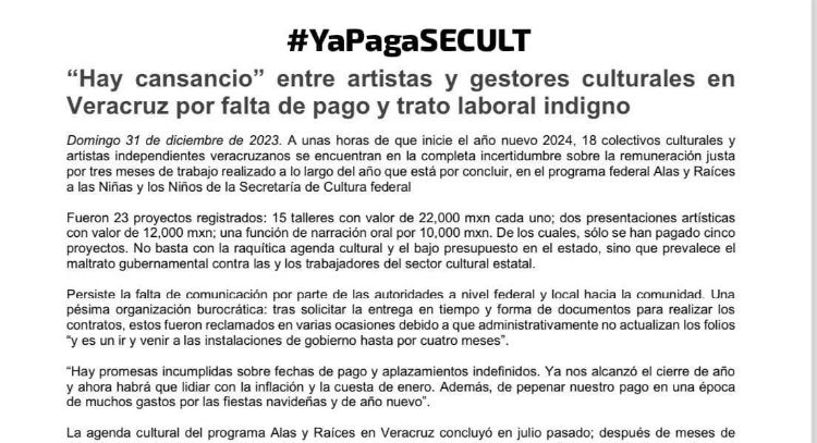 Artistas veracruzanos exigen a la Secretaría de Cultura pagos pendientes