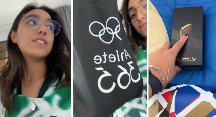 La arquera Ana Paula Vázquez muestra el kit de bienvenida para los atletas en la Villa Olímpica