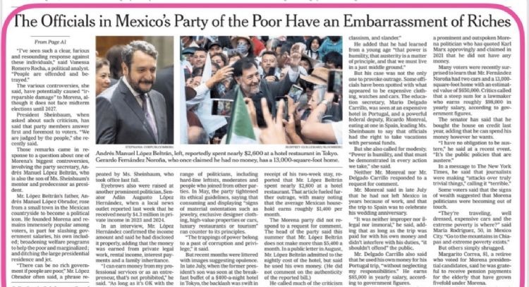 El diario The New York Times destaca los lujos de integrantes de Morena