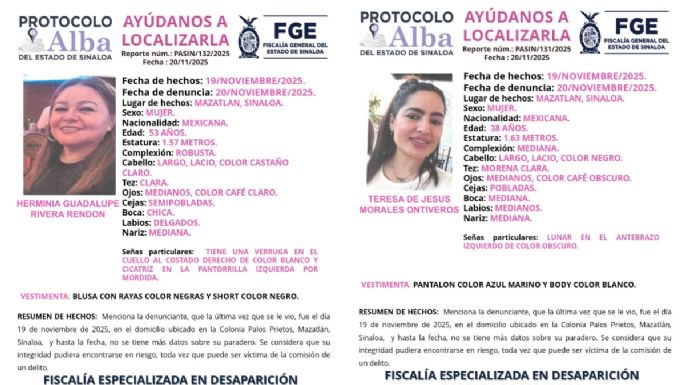 Hombres armados interceptan y raptan a Teresa y Herminia en Mazatlán; lanzan Protocolo Alba