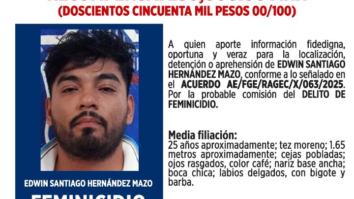 Fiscalía de Tabasco ofrece recompensa de 250 mil pesos por presunto feminicida