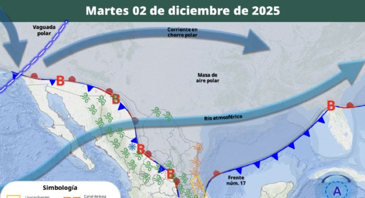 Avanza la masa de aire polar del frente frío 17; lluvias fuertes el martes en los siguientes estados