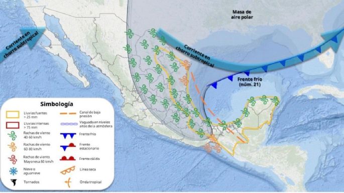 Llega ahora la masa de aire polar del frente frío 21; así lloverá entre viernes y lunes