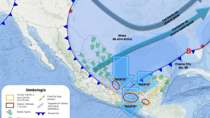 Masa de aire ártico y frente frío 28 impactarán el miércoles con lluvias fuertes, viento y niebla