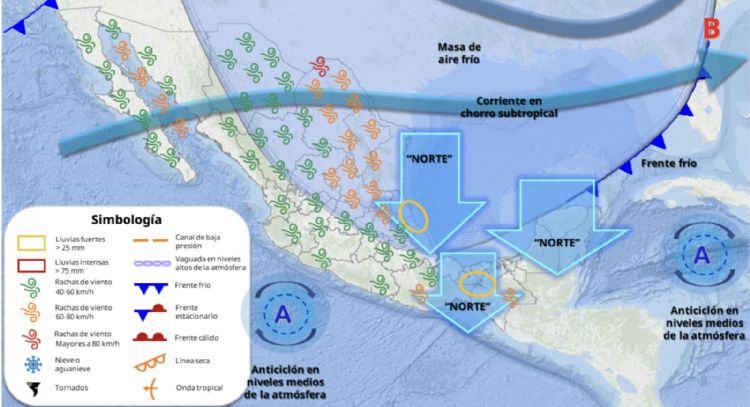 Así impactará la masa de aire frío del frente 36 entre lunes y jueves con lluvias y vientos fuertes