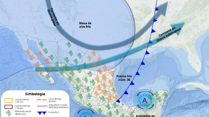 Frente frío 36 provocará lluvias y vientos fuertes este miércoles en los siguientes estados