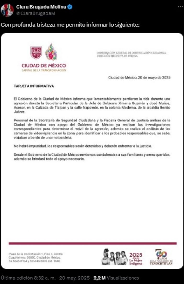 El momento en que Sheinbaum informa sobre el asesinato de Ximena Guzmán