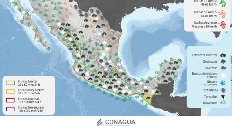 Lluvias fuertes e intensas azotarán el martes a más de la mitad del país