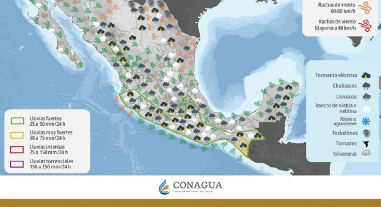 Lluvias fuertes e intensas azotarán el martes a más de la mitad del país