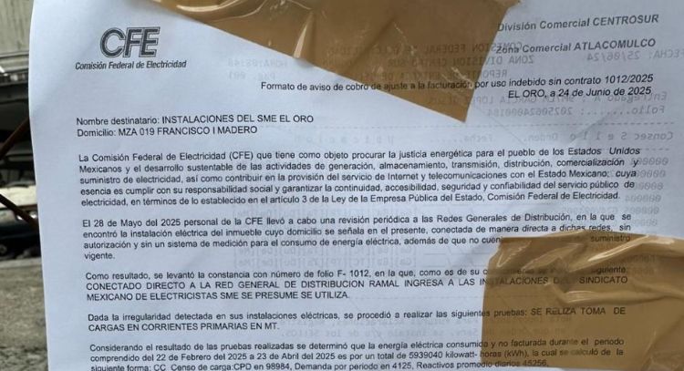 CFE requiere al SME pago de casi 17 millones de pesos sólo por un bimestre de huachicoleo eléctrico