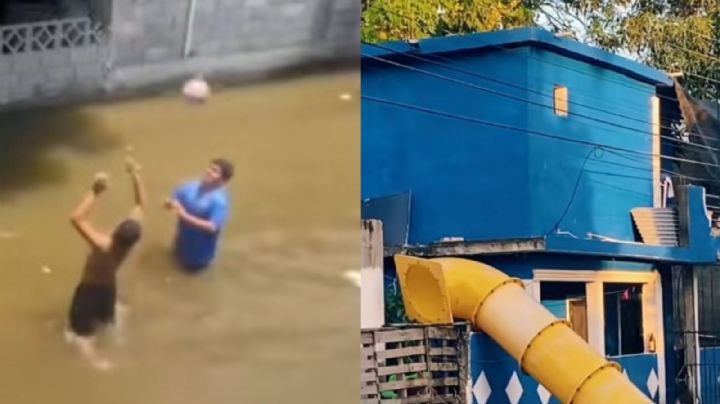 Tobogán y voleibol en calles inundadas de Tampico se vuelven virales (VIDEOS)