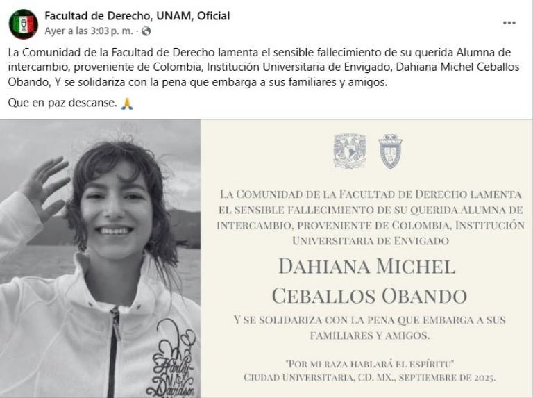 Muere Dahiana Michel estudiante colombiana de intercambio en la UNAM lo que se sabe