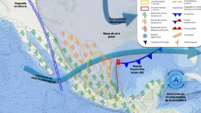 Frente frío 45 atacará de viernes a lunes con lluvias fuertes y masa de aire polar