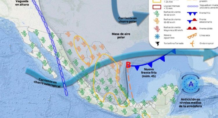 Frente frío 45 atacará de viernes a lunes con lluvias fuertes y masa de aire polar