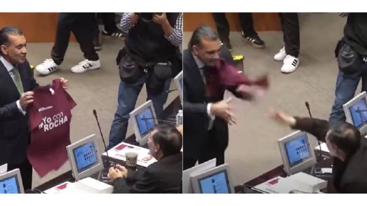 Riña legislativa: senador del PVEM y Fernández Noroña se avientan playera en apoyo a Rocha Moya (Video)
