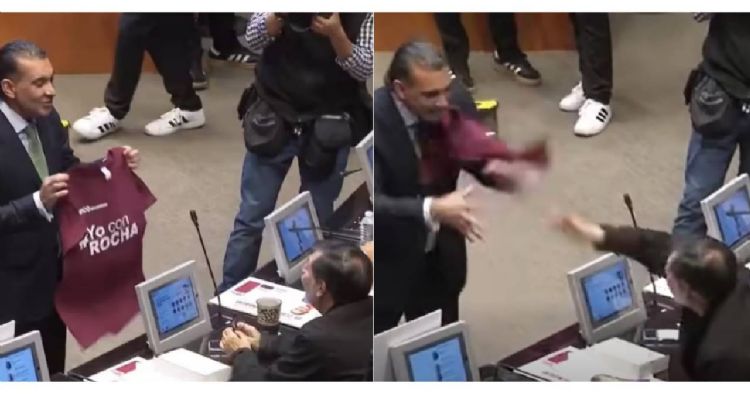 Riña legislativa: senador del PVEM y Fernández Noroña se avientan playera en apoyo a Rocha Moya