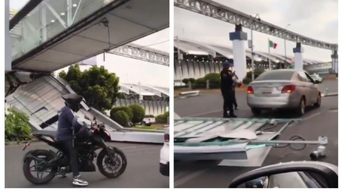 AICM: Se desprende estructura de un puente peatonal y cae sobre conductora (Video)