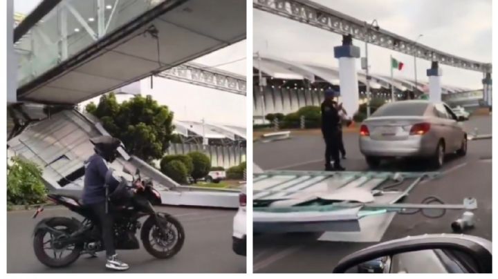 AICM: Se desprende estructura de un puente peatonal y cae sobre conductora (Video)