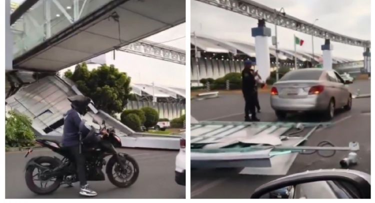 AICM: Se desprende estructura de un puente peatonal y cae sobre conductora (Video)