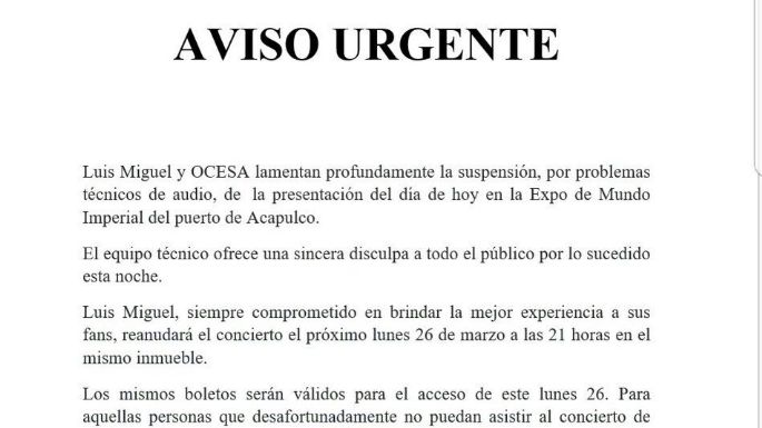 Luis Miguel suspende concierto en Acapulco por 'problemas técnicos de sonido”