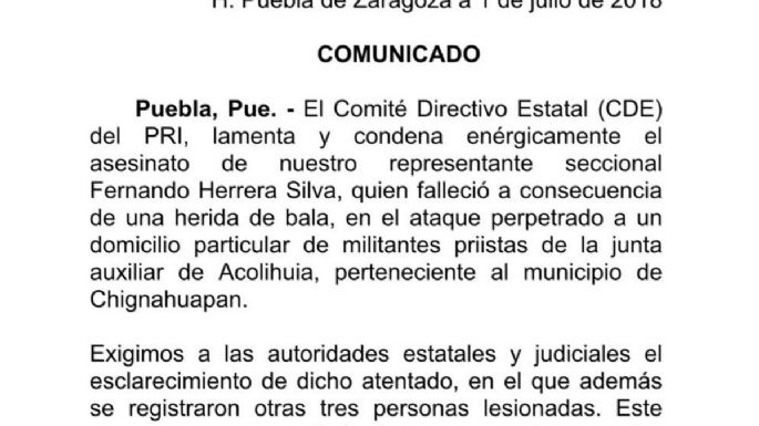 PRI-Puebla confirma el asesinato de representantes seccionales en Chignahuapan