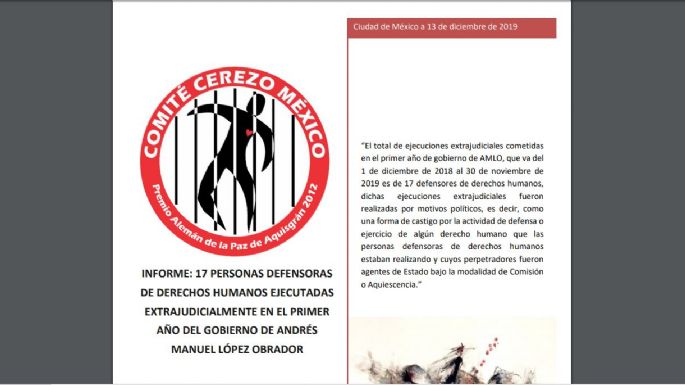 Comité Cerezo: en el primer año de AMLO hubo 17 ejecuciones de activistas de derechos humanos