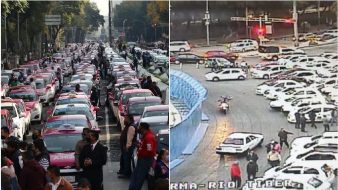 Taxistas se manifiestan en el Ángel de la Independencia contra Uber, Didi y Cabify