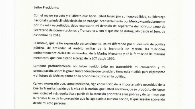En su carta de renuncia, Jiménez Espriú alerta por la militarización de puertos y aduanas
