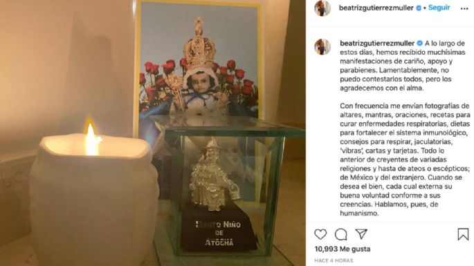 Con imagen del Santo Niño de Atocha, Beatriz Gutiérrez Müller agradece mensajes de apoyo a AMLO