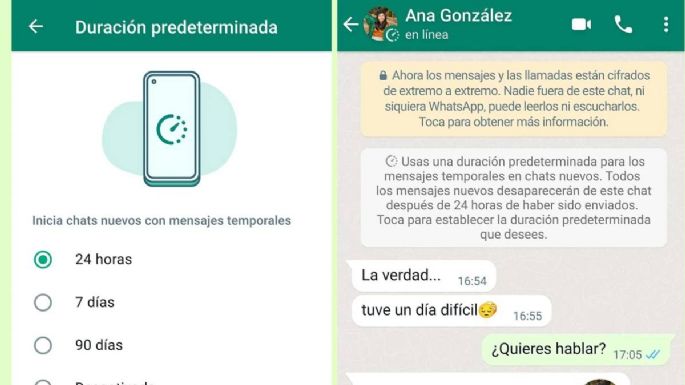 WhatsApp ya permite activar los mensajes temporales de forma predeterminada en nuevos chats y elegir otras duraciones