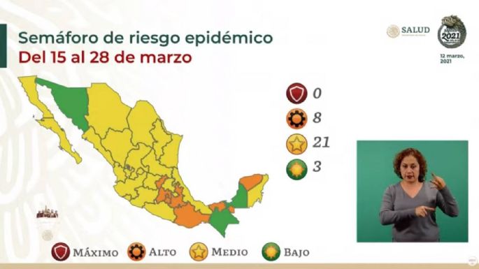 Así quedó el semáforo del 15 al 28 de marzo: Sonora debuta en el color verde y hay 21 estados en amarillo