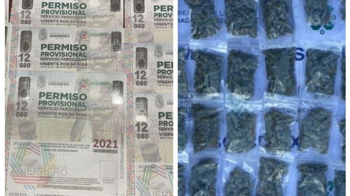 Detienen a dos con mariguana y 200 permisos provisionales de circulación