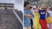 #LadyChichenItza: mujer sube a la pirámide, la abuchean y le avientan agua