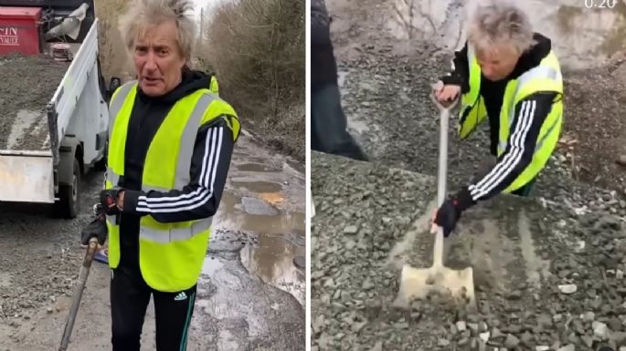 Pala en mano, Rod Stewart tapa baches cerca de su casa para que pase su Ferrari (Video)