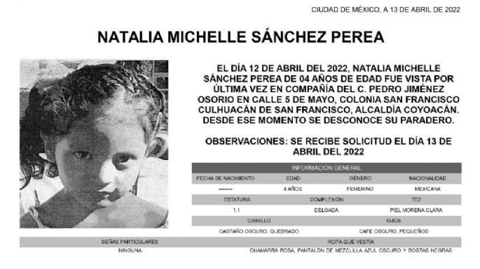 Buscan a la niña Natalia Michelle, desaparecida en Coyoacán