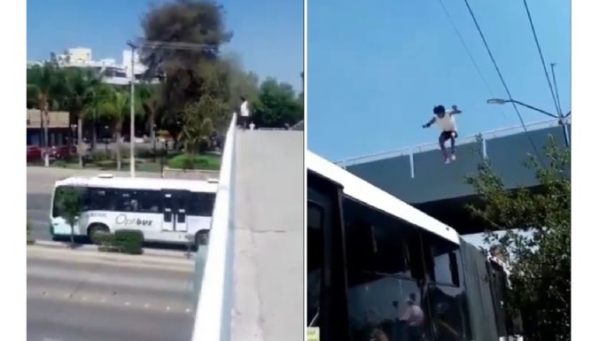 Graban reto de parkour: Joven se lanza desde puente a un autobús “oruga” en León (Video)