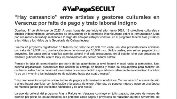 Artistas veracruzanos exigen a la Secretaría de Cultura pagos pendientes