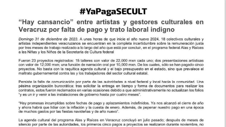 Artistas veracruzanos exigen a la Secretaría de Cultura pagos pendientes