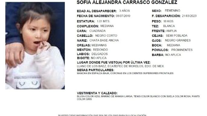 Emiten Alerta Amber por la desaparición de Sofía, de 3 años, en Ecatepec