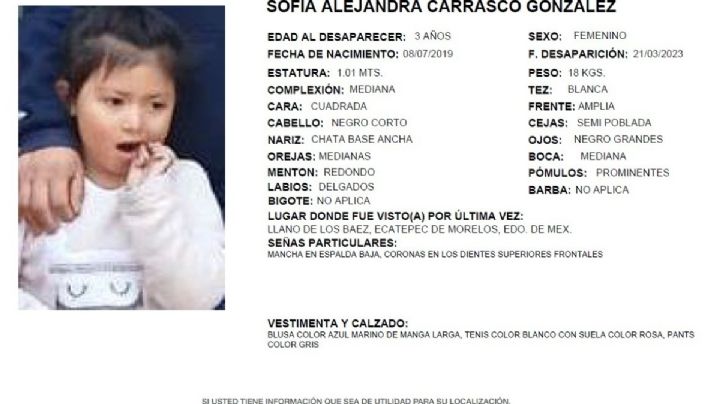 Emiten Alerta Amber por la desaparición de Sofía, de 3 años, en Ecatepec