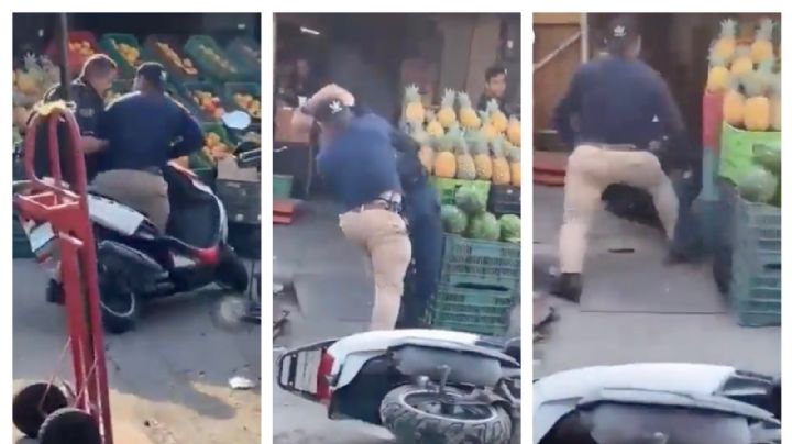 Motociclista da golpiza a policía porque lo infraccionó en mercado de Querétaro (Video)