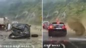 Rocas gigantes aplastan tres vehículos en una carretera; hay 2 muertos (Video)