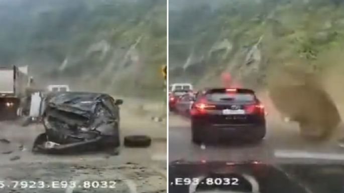 Rocas gigantes aplastan tres vehículos en una carretera; hay 2 muertos (Video)