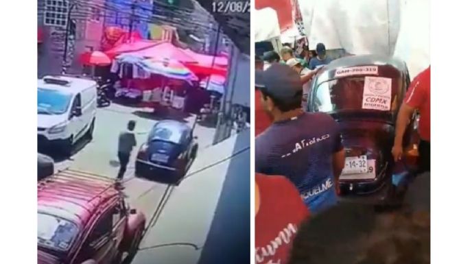 Vocho conducido por una menor de edad arrolla puestos de un tianguis y deja cuatro heridos (Video)