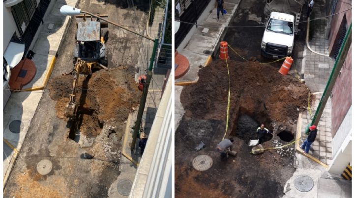 Trabajadores de la alcaldía Benito Juárez abren y abandonan un socavón en la colonia Acacias