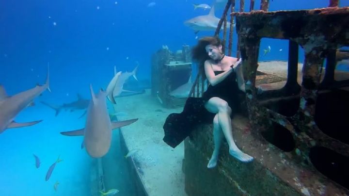 Mujer desafía a las profundidades y a los tiburones para una impresionante sesión de modelaje