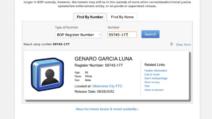 Genaro García Luna fue trasladado a cárcel de Oklahoma, según registro federal de EU