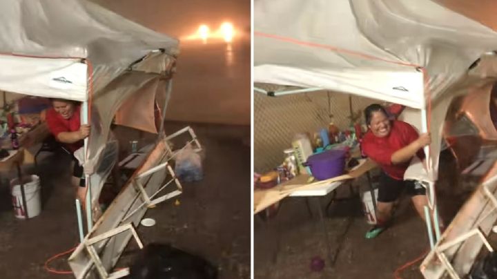 Se viraliza video de vendedora de elotes que se aferra a mantener su puesto en plena tormenta