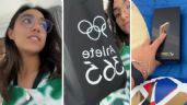 La arquera Ana Paula Vázquez muestra el kit de bienvenida para los atletas en la Villa Olímpica